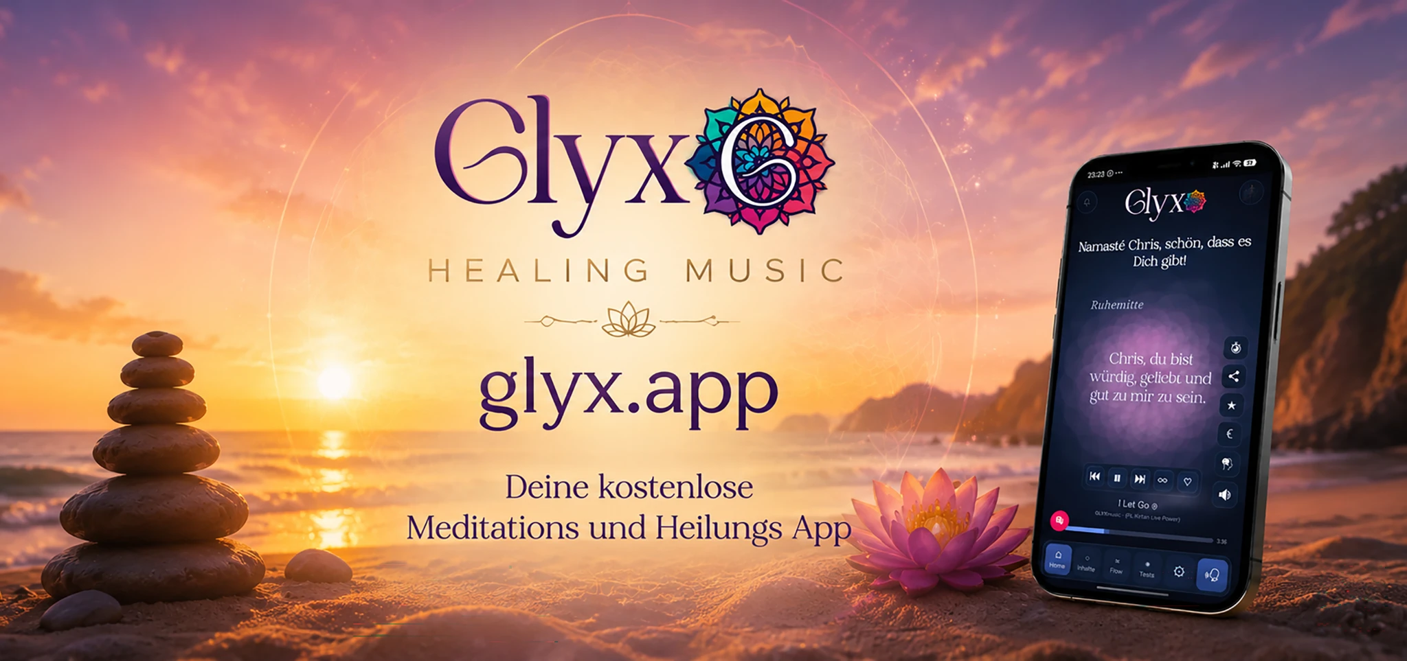 Glyx Healing Music am Meer bei Sonnenuntergang